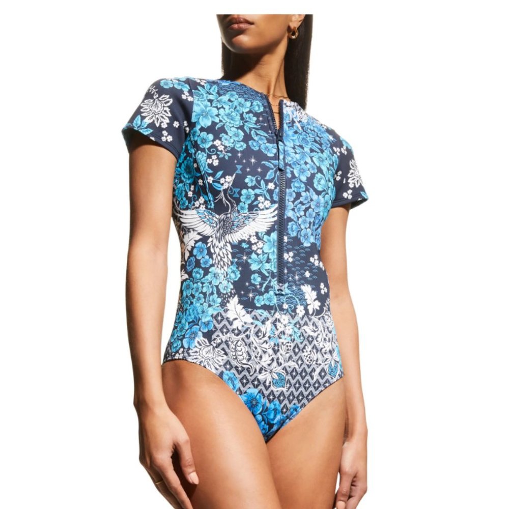 Johnny Was Surf Blue-Fly Zip-Up One-Piece Swimsuit Size-L